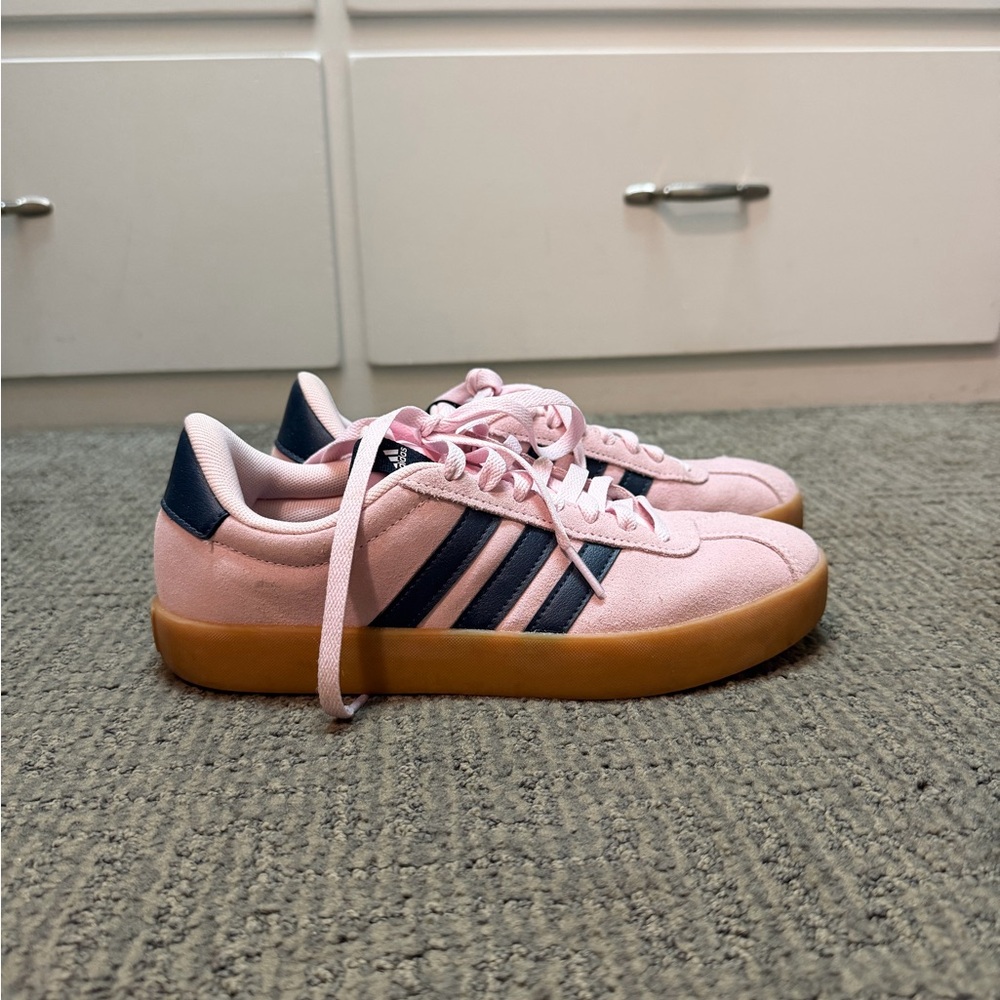 adidas Pink Suede Sneakers with Navy Stripes and Gum Sole